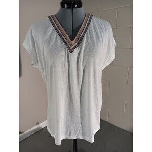 Cozy Co By Cozy Casual Womens Solid V Neck Embroidered Tops White Size X Small